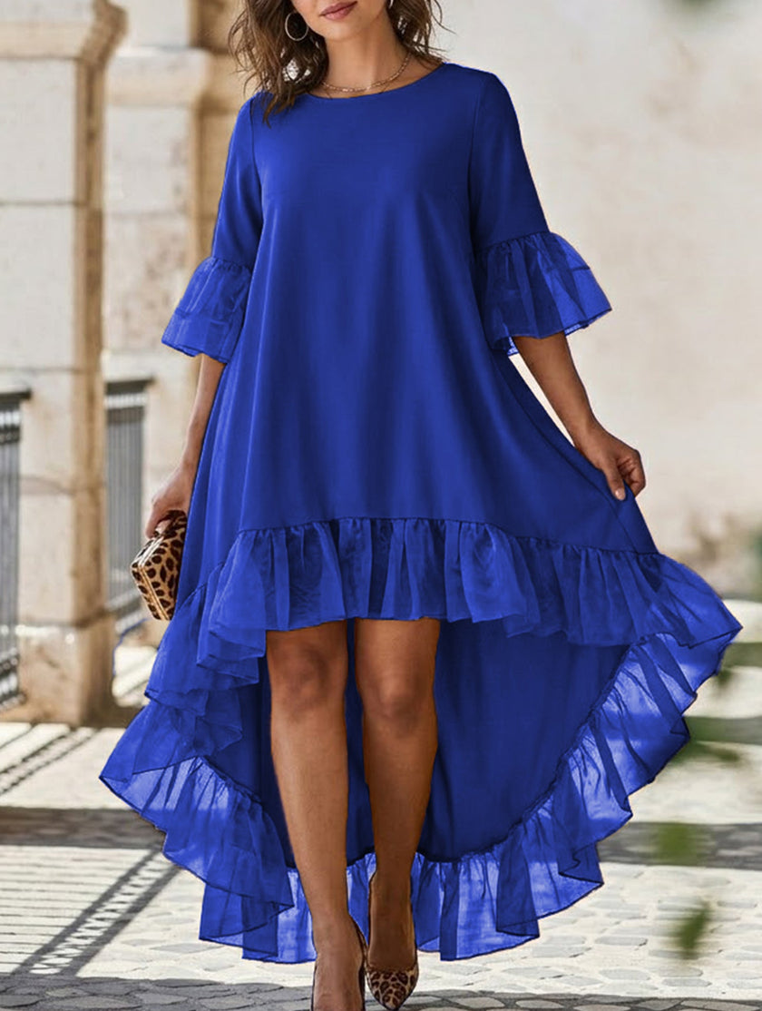 White lace patch irregular party dress by FJØRNA, featuring a stylish and unique design with intricate lace details.
