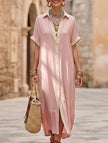 FJØRNA casual solid buttoned midi dress, a stylish and comfortable wedding dress in soft fabric, displayed on a hanger.
