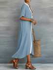 FJØRNA casual solid buttoned midi dress featuring a relaxed fit, perfect for casual or wedding occasions.