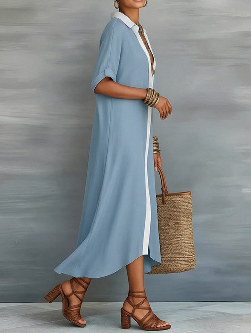 FJØRNA casual solid buttoned midi dress featuring a relaxed fit, perfect for casual or wedding occasions.