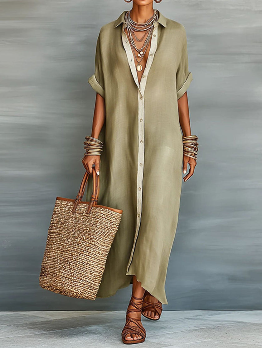 FJØRNA casual solid buttoned midi dress with long sleeves and a fitted waist, perfect for casual weddings and everyday wear.