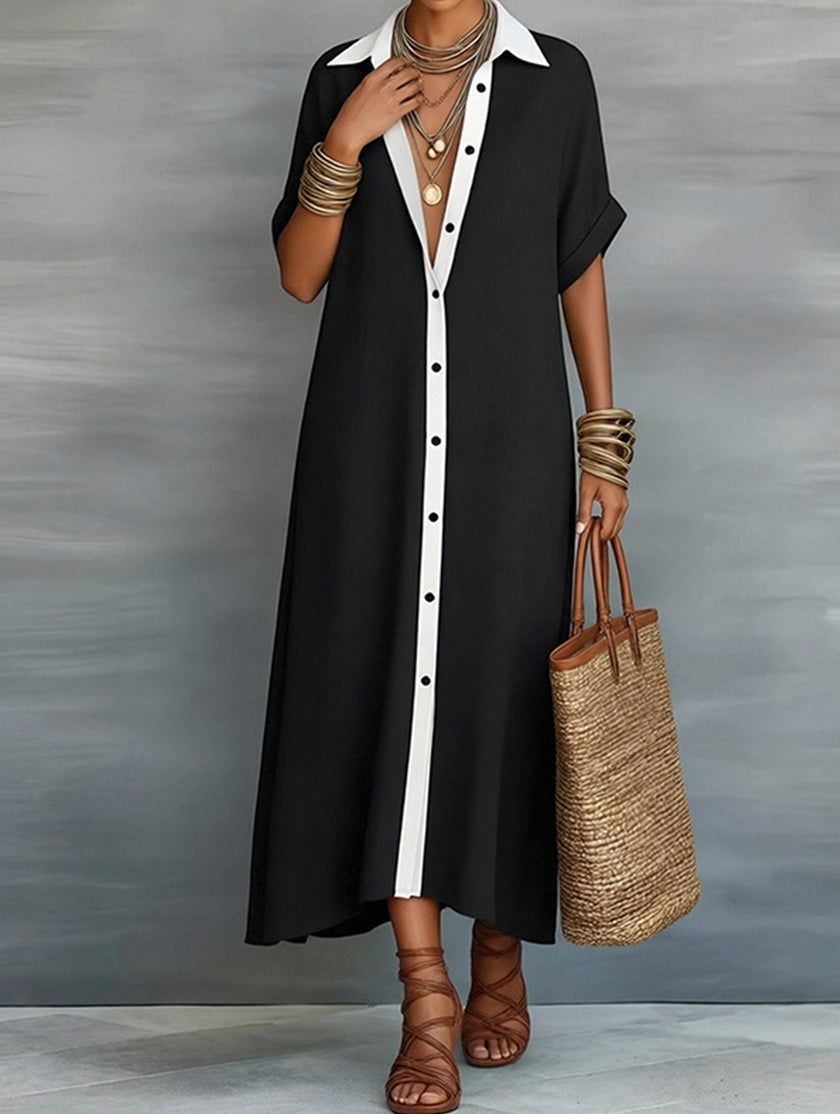 FJØRNA casual solid buttoned midi dress, a stylish and comfortable wedding dress with a relaxed fit and elegant design.