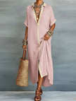 FJØRNA casual solid buttoned midi dress, perfect for casual weddings, featuring a relaxed fit and stylish midi length.