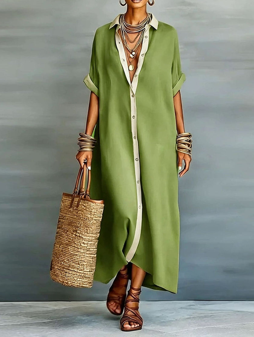 FJØRNA casual solid buttoned midi dress for women, featuring a stylish design ideal for casual weddings and everyday wear.