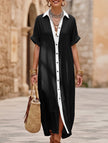 FJØRNA casual solid buttoned midi dress, perfect for casual weddings, featuring a relaxed fit and stylish design.