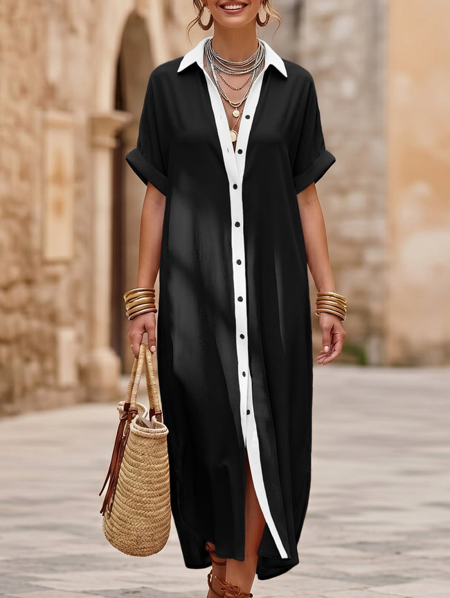 FJØRNA casual solid buttoned midi dress, perfect for casual weddings, featuring a relaxed fit and stylish design.