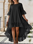 White lace patch irregular party dress by FJØRNA, featuring a stylish design with delicate lace details and an elegant silhouette.