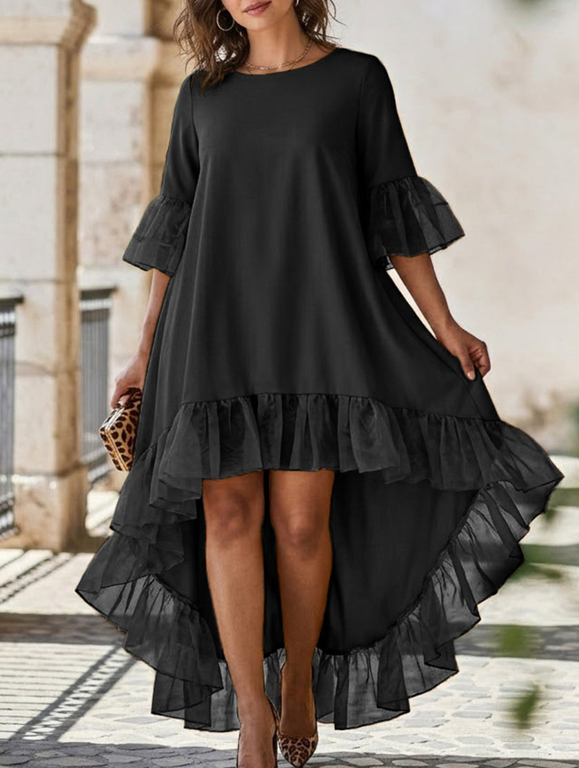 White lace patch irregular party dress by FJØRNA, featuring a stylish design with delicate lace details and an elegant silhouette.