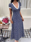 FJØRNA Lace Patch Floral V Neck Maxi Dress in white, featuring lace details and a flowing silhouette for elegant occasions.