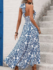 FJØRNA white halter print backless maxi dress, elegant sleeveless design with flowing fabric and open back, perfect for summer events.