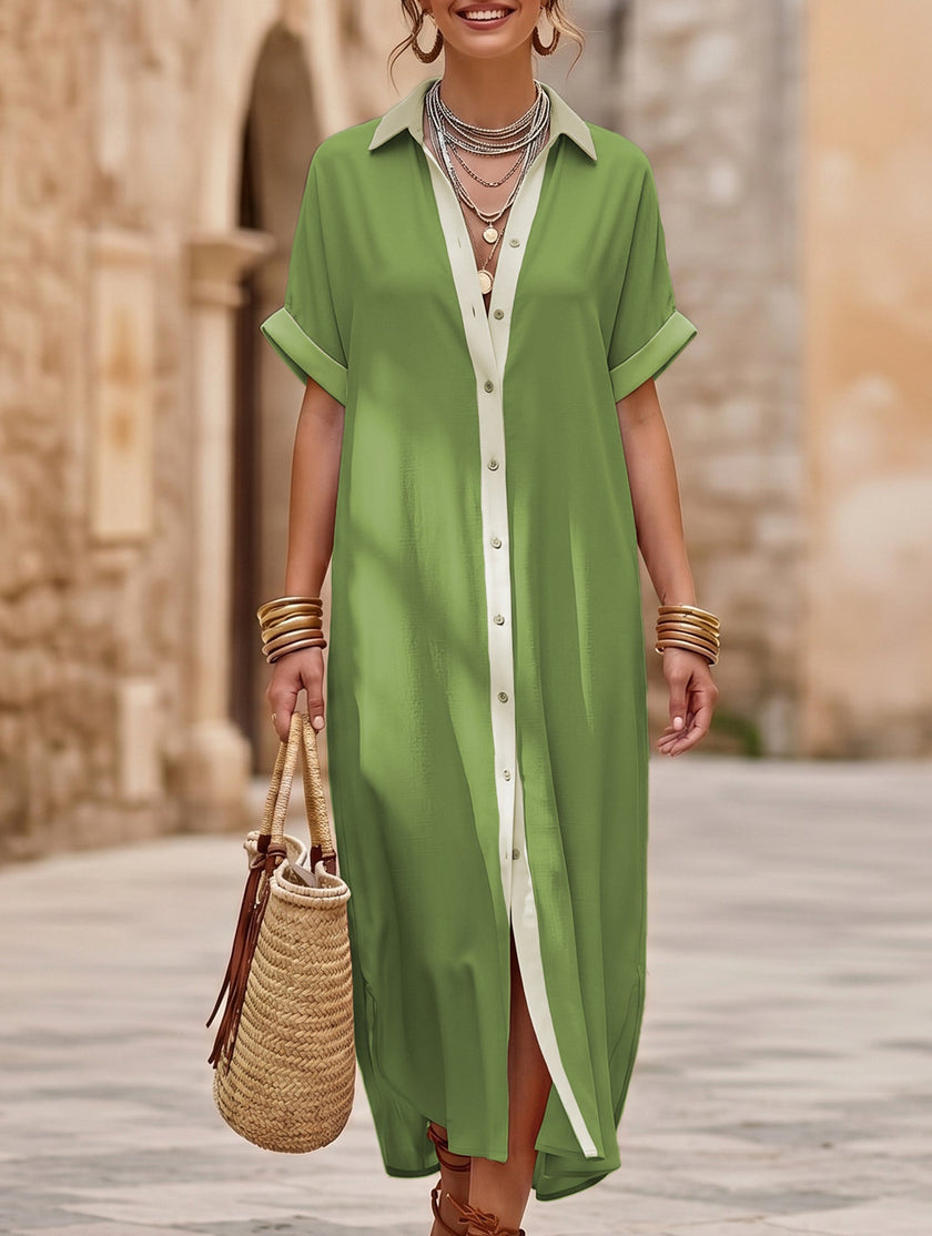 FJØRNA casual solid buttoned midi dress for women, featuring a simple, elegant design suitable for casual or wedding occasions.