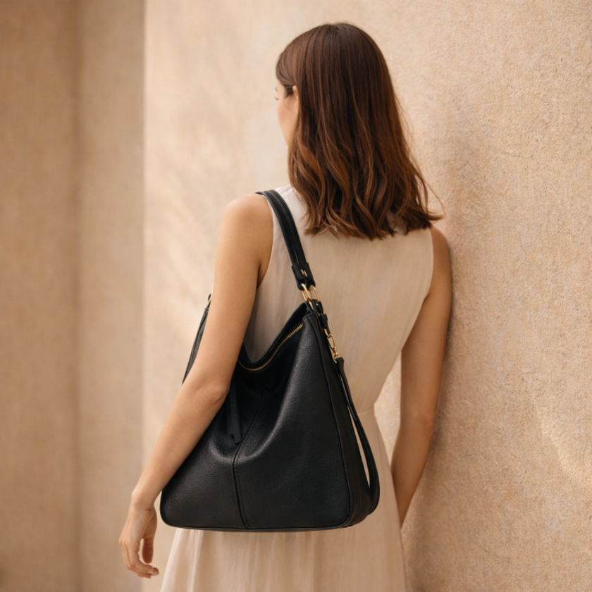 Black FJØRNA faux leather hobo shoulder bag for women with a spacious design and matching pouch, stylish vegan bag for everyday use.