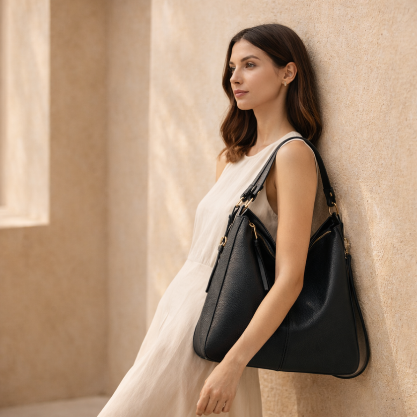 FJØRNA black vegan leather hobo shoulder bag with spacious interior and matching pouch, stylish and eco-friendly for women.