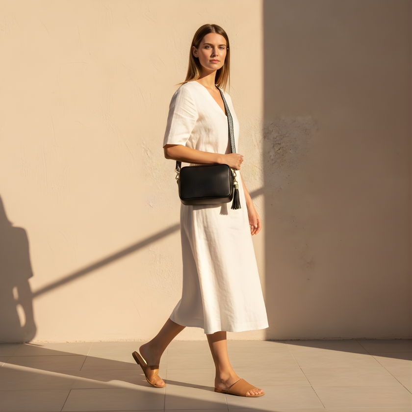 Black FJØRNA leather crossbody bag with Chevron strap, genuine leather, compact design for women.
