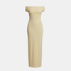 Yellow FJØRNA maxi dress for women with off-shoulder Bardot style, backless design, and ruched details, shown on a model.