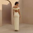FJØRNA yellow off-shoulder maxi dress with backless and ruched details, perfect for women’s stylish summer wear.