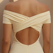 Yellow FJØRNA Studio maxi dress for women, off-shoulder, backless, ruched design, in butter yellow fabric.