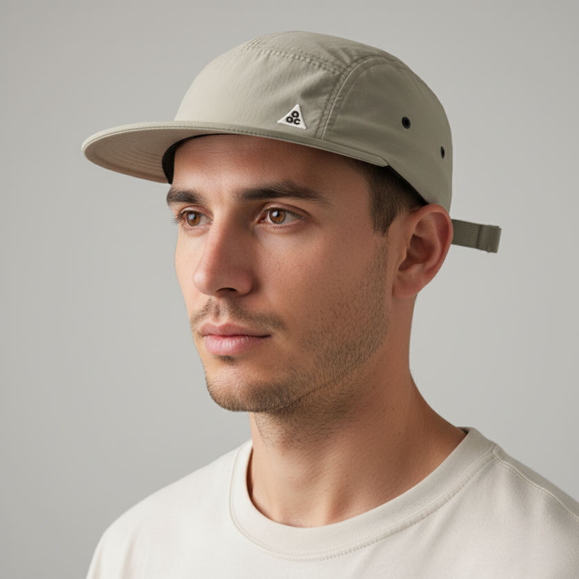 Black men's FJØRNA adjustable cap, packable hat with a curved brim and breathable fabric for outdoor wear.