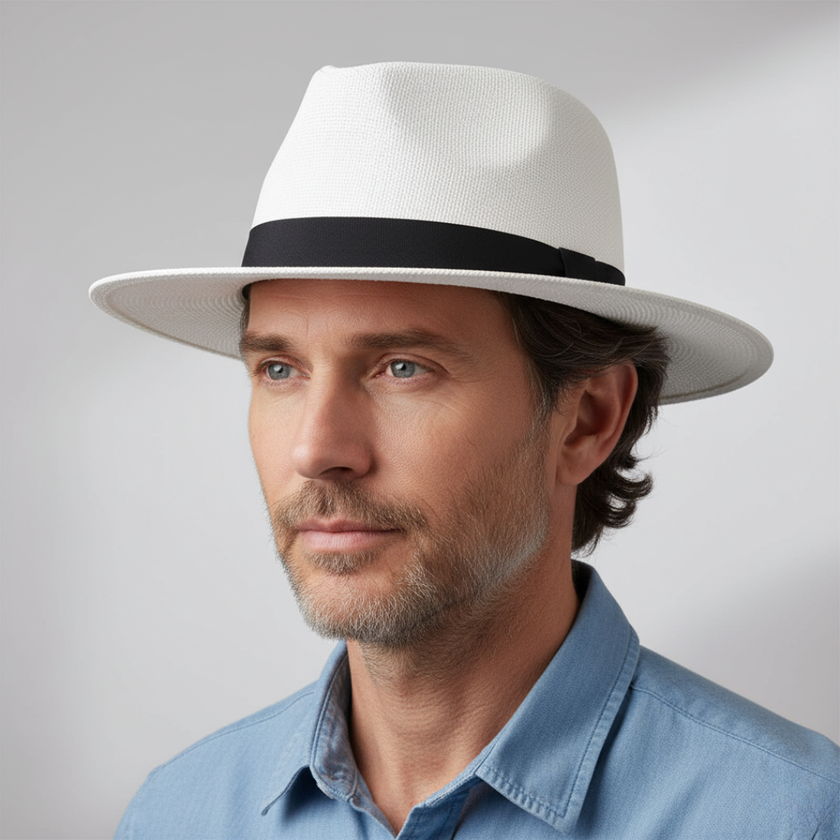 Unisex handmade Panama hat by FJØRNA, white straw hat for men, 52-54.5 cm, classic style with a wide brim.