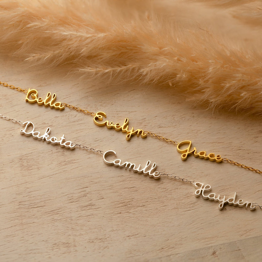 FJØRNA personalized gold unisex necklace with two custom names, 14-inch chain, delicate jewelry for men and women
