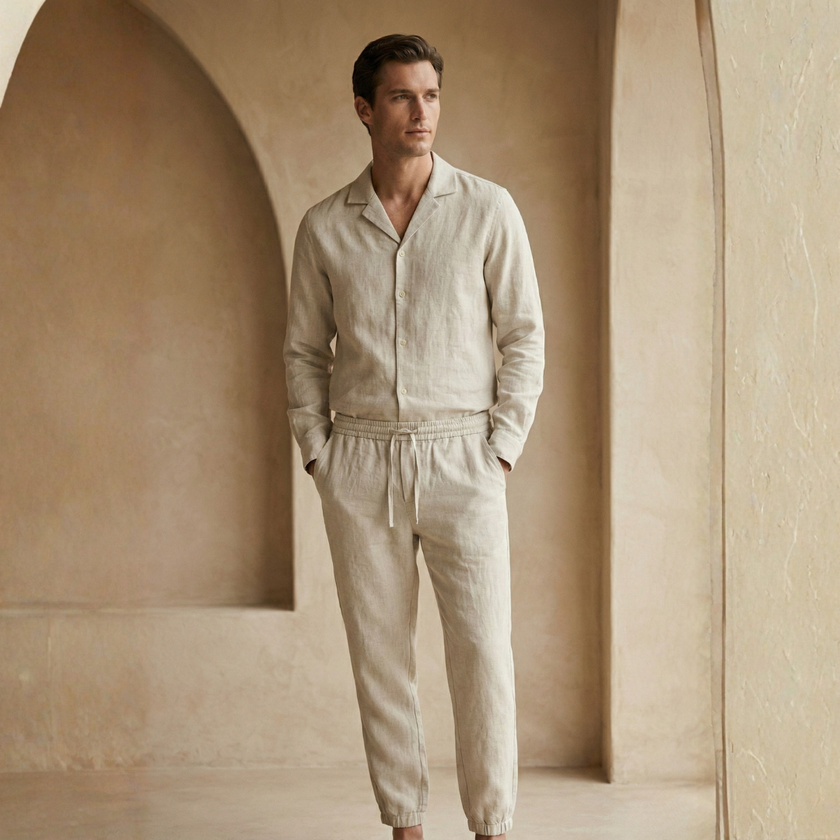 FJØRNA Miles lightweight beige linen men’s shirt and pants set, casual summer outfit with relaxed fit and breathable fabric.