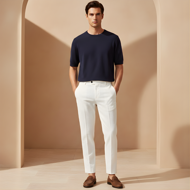 White linen men's trousers by FJØRNA, relaxed fit, casual pants with a comfortable, lightweight design.