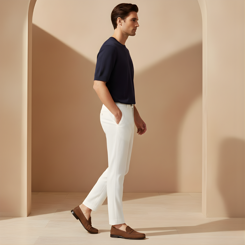 FJØRNA men's relaxed fit linen trousers in white, casual pants with a comfortable design and classic style.