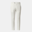 White FJØRNA men's linen trousers with a relaxed fit, shown on a model, featuring a casual and comfortable style.