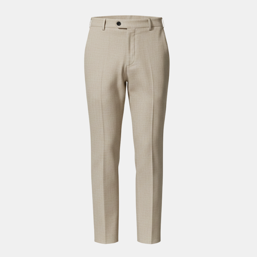 Men's linen trousers by FJØRNA in relaxed fit, white color, casual style, shown on a model, suitable for warm weather.
