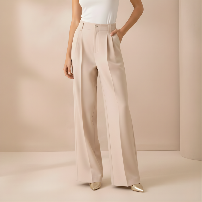 Beige high-waist wide-leg tailored pants for women by FJØRNA, showcasing a stylish and comfortable fit.