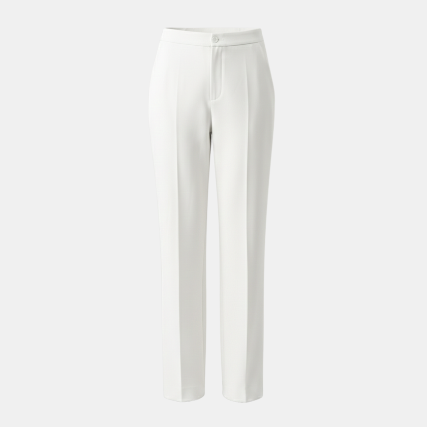 Beige FJØRNA women's straight leg trousers, long pants with wide fit, tailored for a stylish, comfortable look.