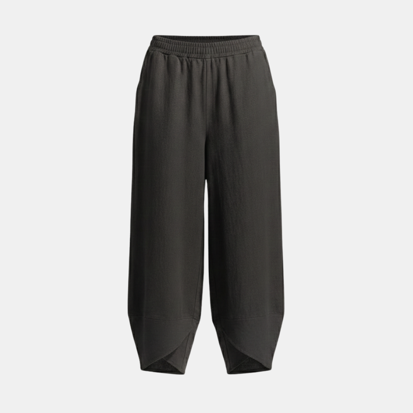 Black women's wide-leg cotton pants with elastic waist by FJØRNA, casual and comfortable for everyday wear.