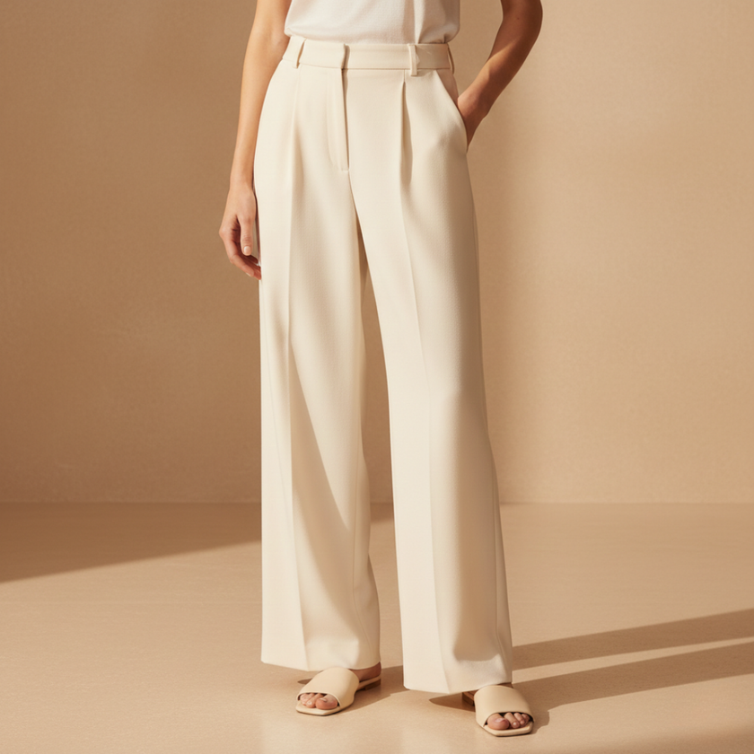 White FJØRNA women's straight leg trousers with relaxed fit and drop waist, styled for a comfortable, casual look.