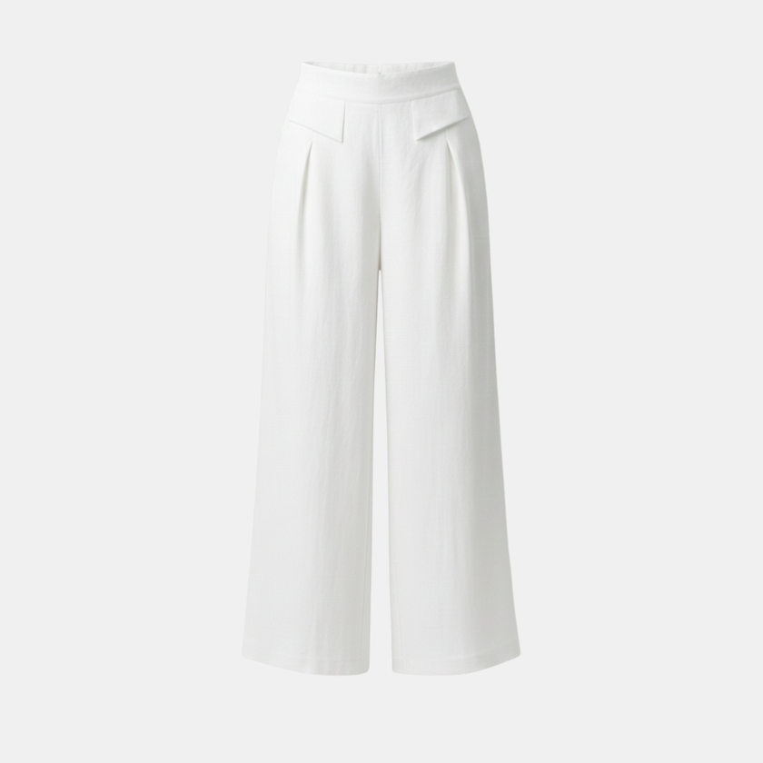 Yellow Liam FJØRNA women's high waist wide-leg cotton linen pants with pockets, plain color, and relaxed fit.