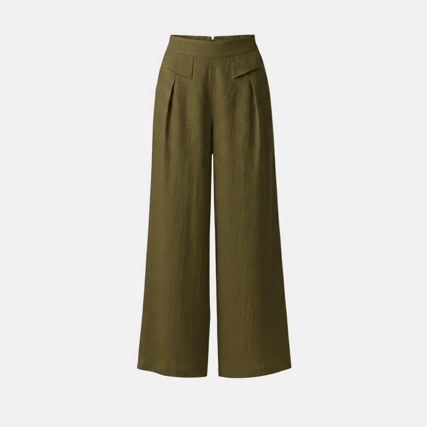 FJØRNA Liam women's high waist wide-leg pants in yellow with pockets, made of cotton linen, featuring a plain color design.