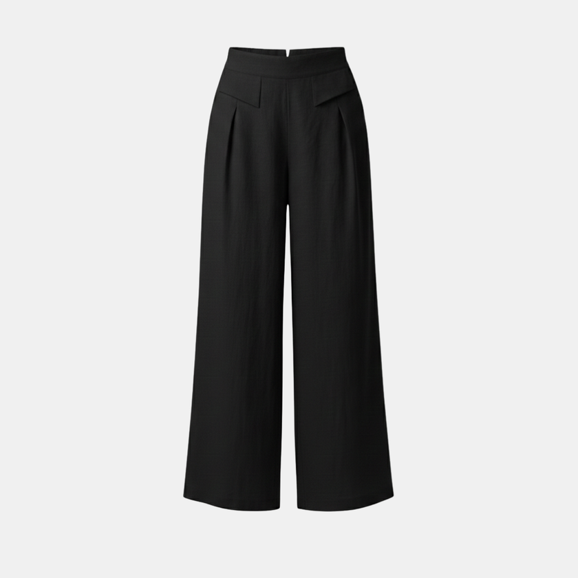 Yellow FJØRNA cotton linen wide leg women's trousers with high waist, relaxed fit, and side pockets.