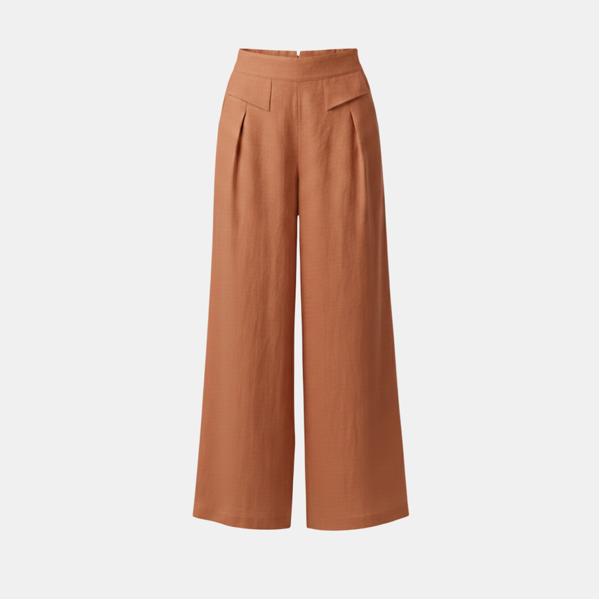 FJØRNA Liam women's high waist wide-leg pants in yellow cotton linen with pockets, featuring a plain color design.