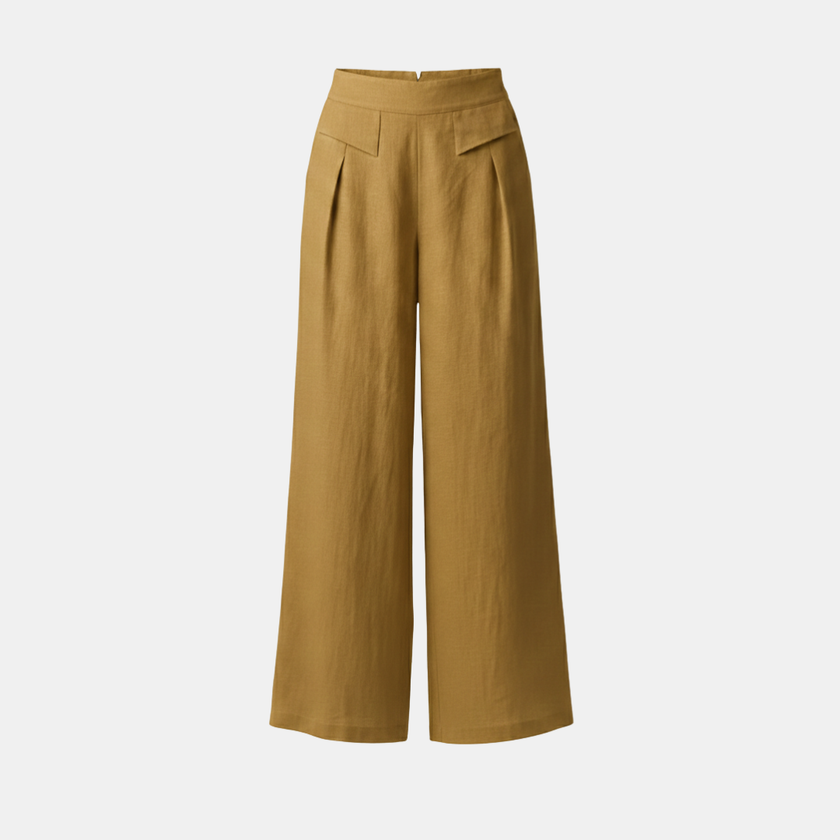 Yellow FJØRNA Liam women's high waist wide-leg cotton linen pants with pockets, plain color, and relaxed fit.