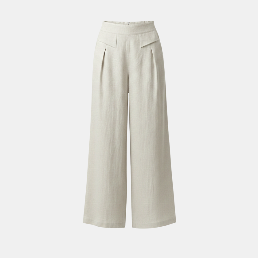 FJØRNA Liam women's high waist wide-leg pants in yellow cotton linen with pockets, featuring a plain color and relaxed fit.