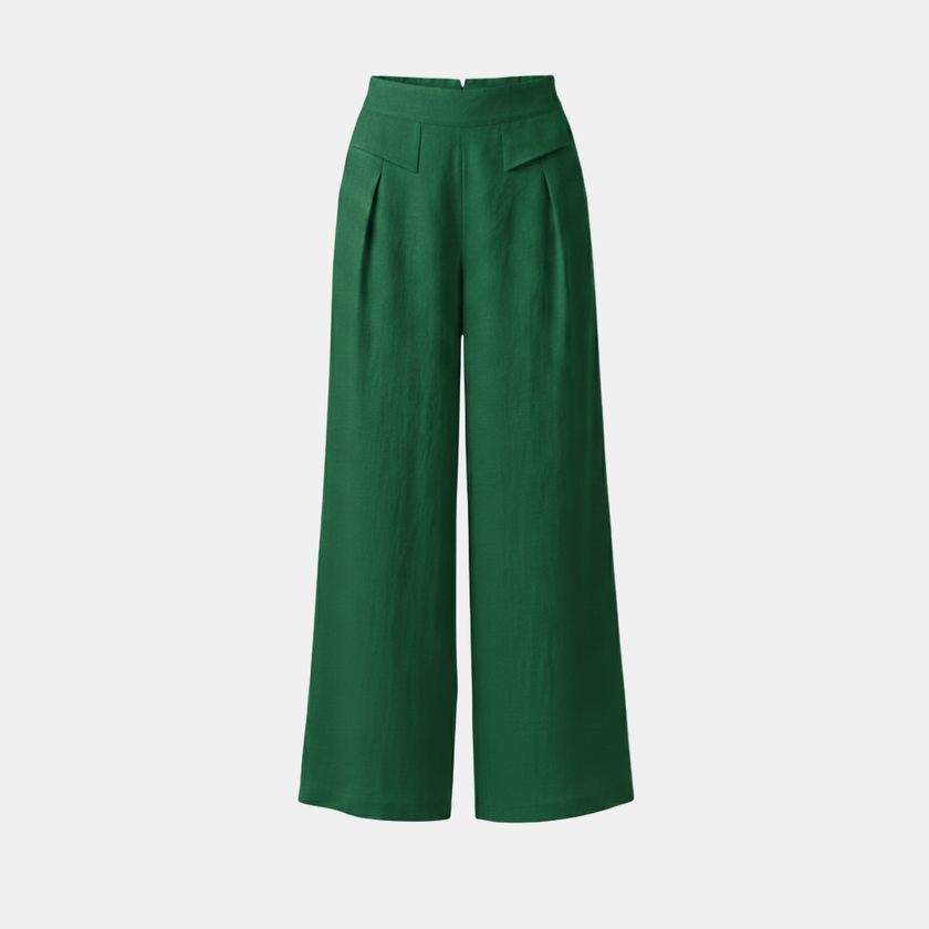 FJØRNA Liam women's yellow high-waist wide-leg cotton linen pants with pockets, casual and comfortable for everyday wear.