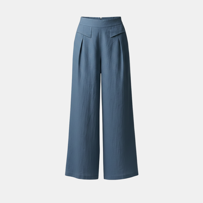 FJØRNA Liam women’s high waist wide-leg pants in yellow cotton linen with pockets, stylish and comfortable for casual wear