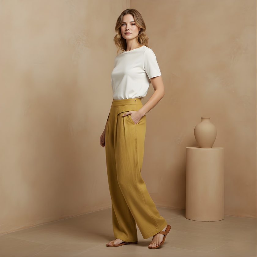 Yellow FJØRNA Liam women's high waist wide-leg cotton linen pants with pockets, featuring a plain color and relaxed fit.