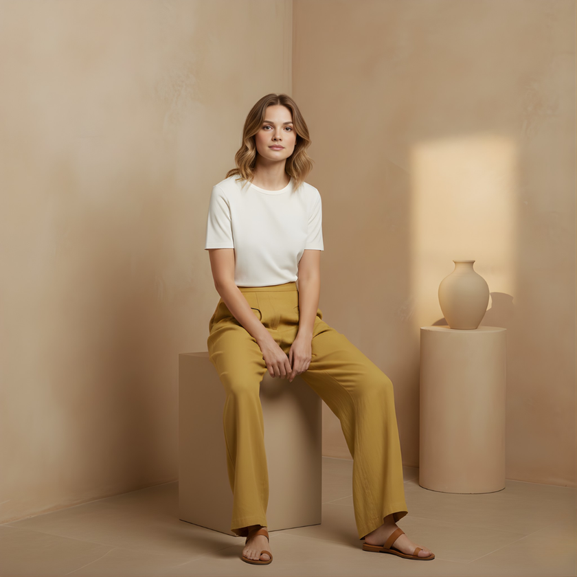 FJØRNA Liam women's wide-leg cotton linen pants in yellow with high waist and pockets, casual and comfortable for everyday wear.