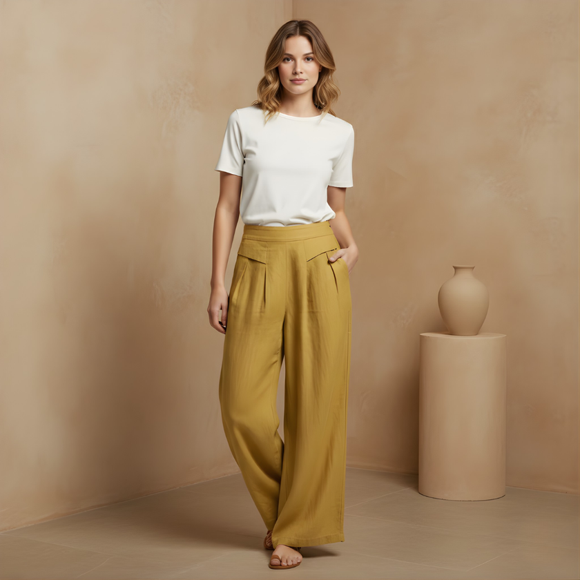 FJØRNA Liam women’s high waist wide leg pants in yellow cotton linen with pockets, stylish and comfortable for casual wear.