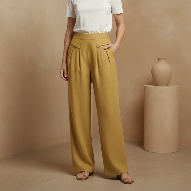Yellow FJØRNA cotton linen wide leg trousers for women, high waist, relaxed fit with pockets, styled for casual wear.