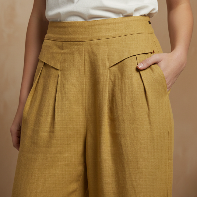 FJØRNA Liam women's high waist wide-leg pants in yellow cotton linen with pockets, featuring a plain stone color design.
