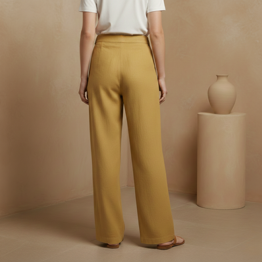 Yellow women's Liam FJØRNA high waist wide-leg cotton linen pants with pockets, plain color, and relaxed fit.