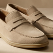 FJØRNA men's beige suede slip-on loafers with breathable design and casual style, perfect for comfortable everyday wear.