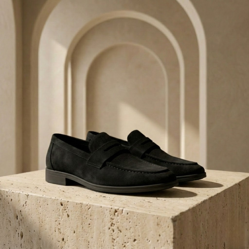 FJØRNA men's beige suede slip-on loafers, breathable casual shoes with a comfortable, stylish design for everyday wear.
