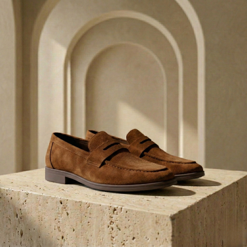 FJØRNA men's beige suede slip-on loafers, breathable casual shoes with a sleek design and comfortable fit.